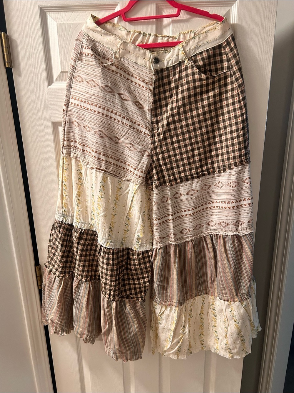 POL Patchwork Tiered wide leg ruffled pant  in Cream and Brown